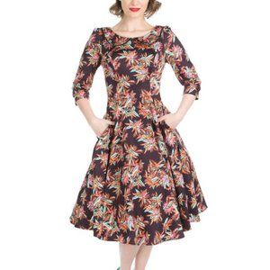 Hearts & Roses London Sz 14 Black/Orange/Pink/Green Eulalia Floral A-Line Dress